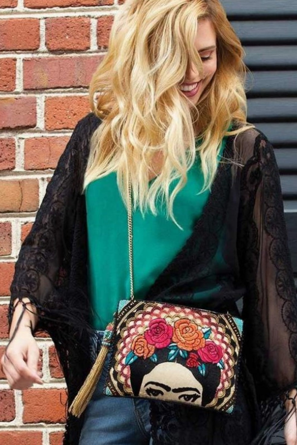 MARY FRANCES FRIDA KAHLO BEADED EMBROIDERED CROSSBODY BAG