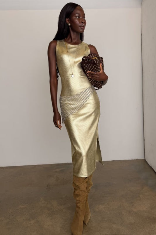 PRE-ORDER NEVER FULLY DRESSED GOLD RIBBED DRESS