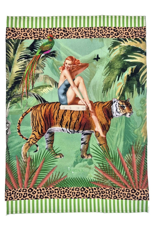 QUEEN K JUNGLE WALK GREEN WILD RETRO 100% LINEN TEA TOWEL