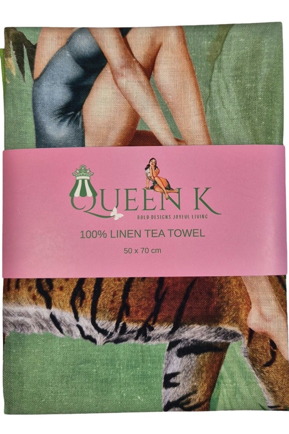 QUEEN K JUNGLE WALK GREEN WILD RETRO 100% LINEN TEA TOWEL