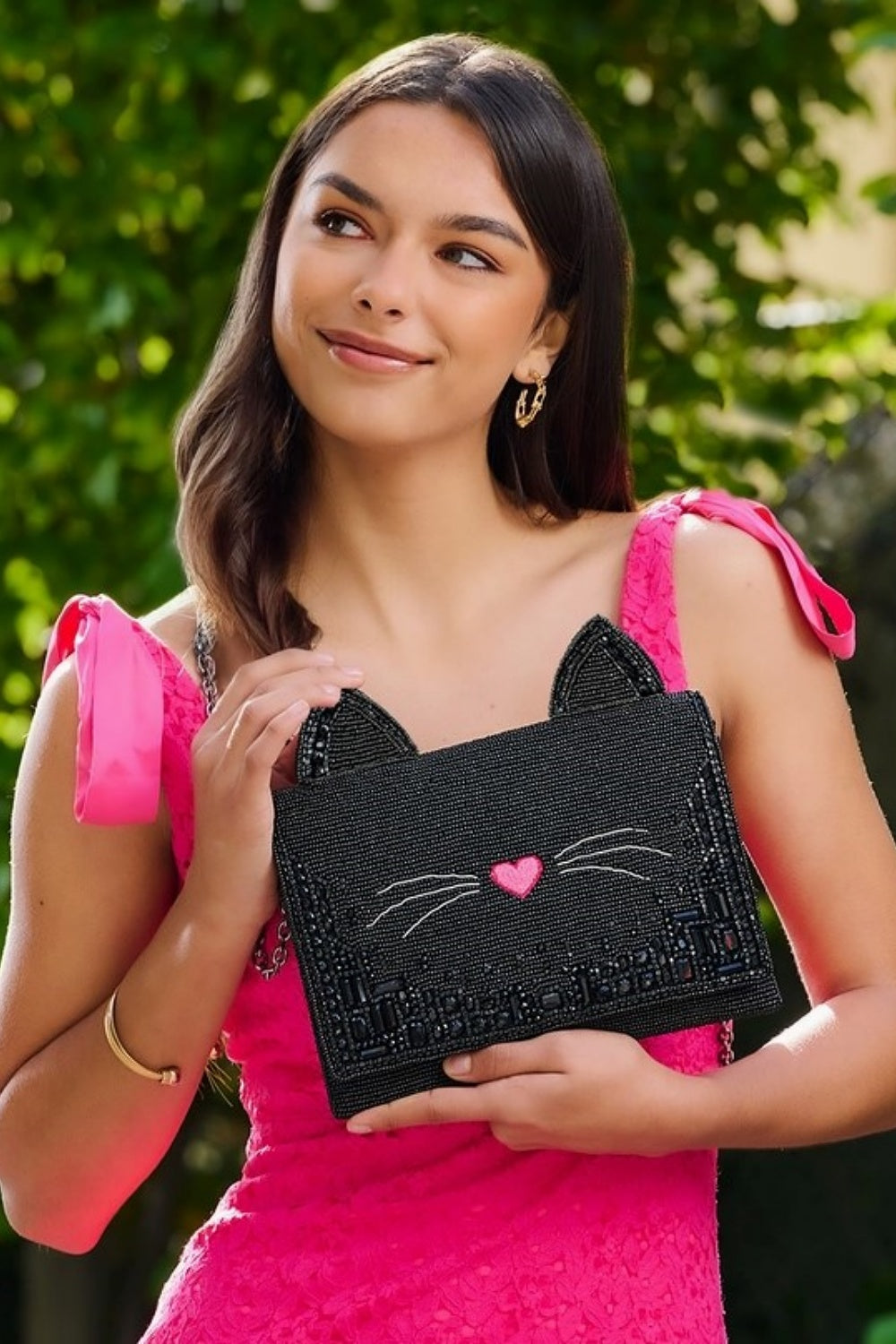 MARY FRANCES KITTY COUTURE BLACK + PINK BEADED CAT CROSSBODY HANDBAG