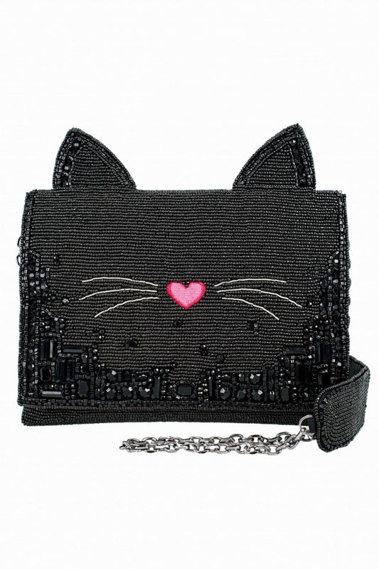 MARY FRANCES KITTY COUTURE BLACK + PINK BEADED CAT CROSSBODY HANDBAG