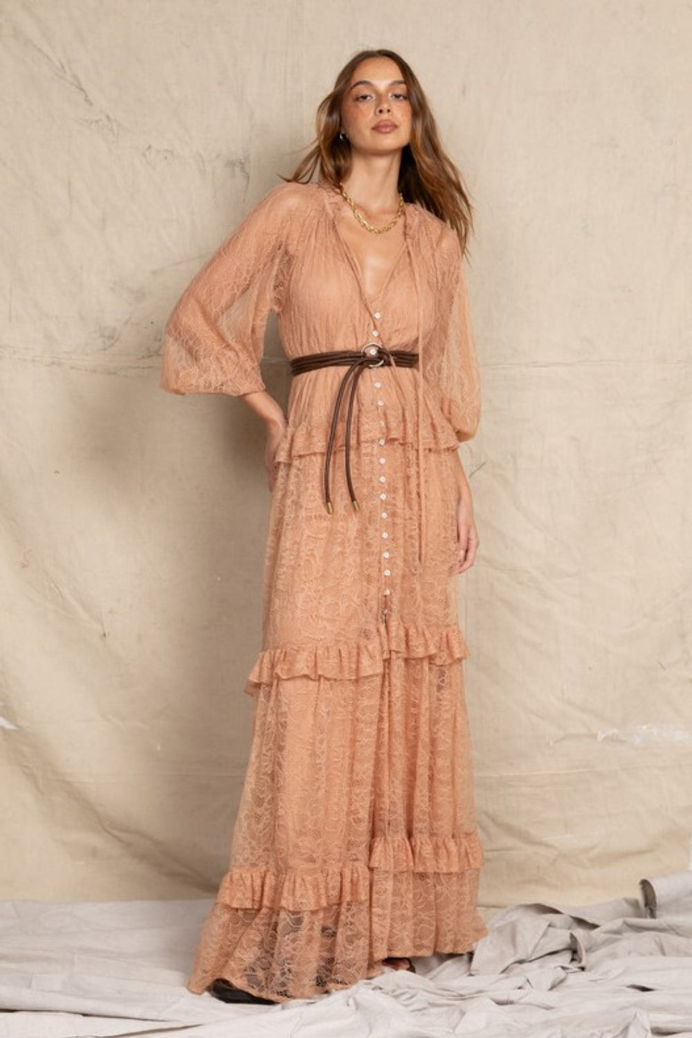 BOHEMIAN TRADERS LACE RUFFLE MAXI NUDE