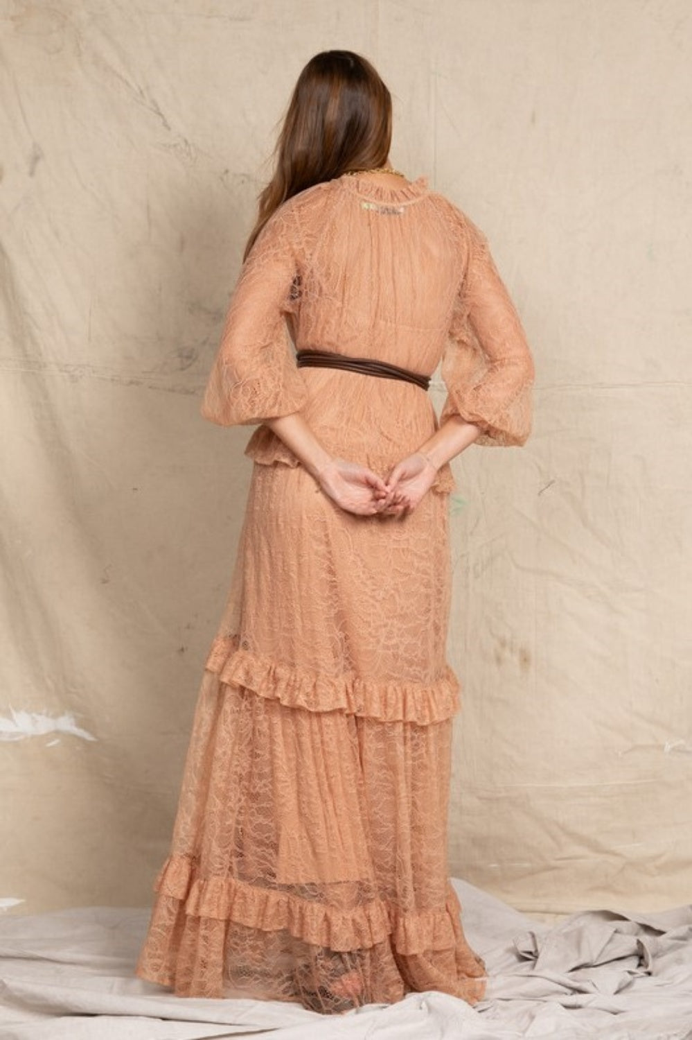 BOHEMIAN TRADERS LACE RUFFLE MAXI NUDE