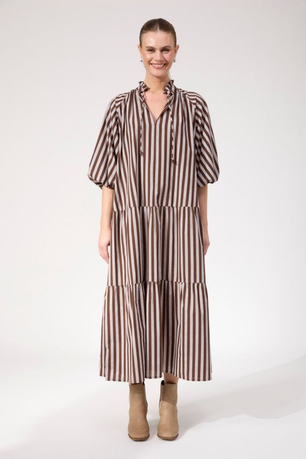 HAVEN MONTEROSA STRIPED MAXI DRESS BROWN