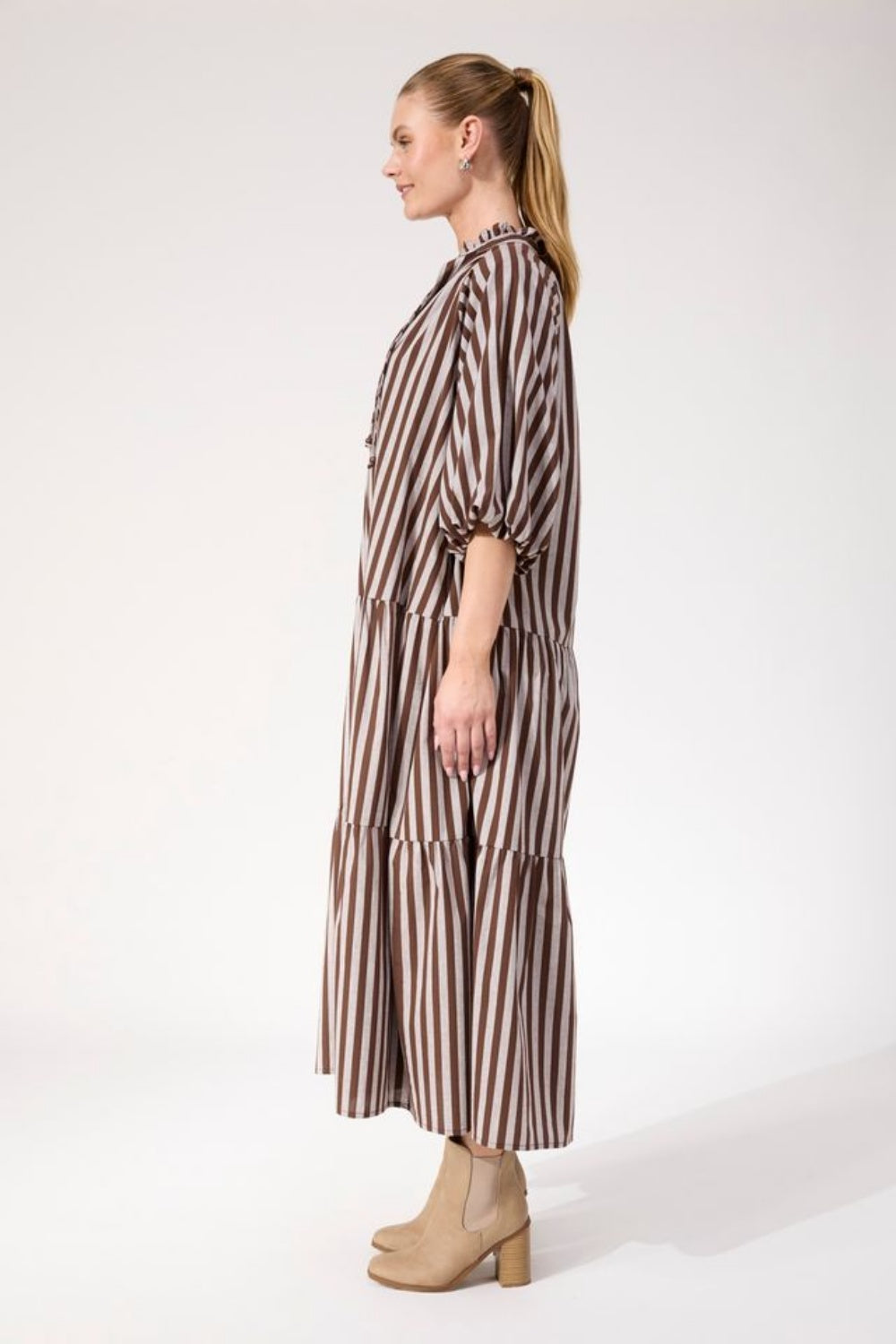 HAVEN MONTEROSA STRIPED MAXI DRESS BROWN