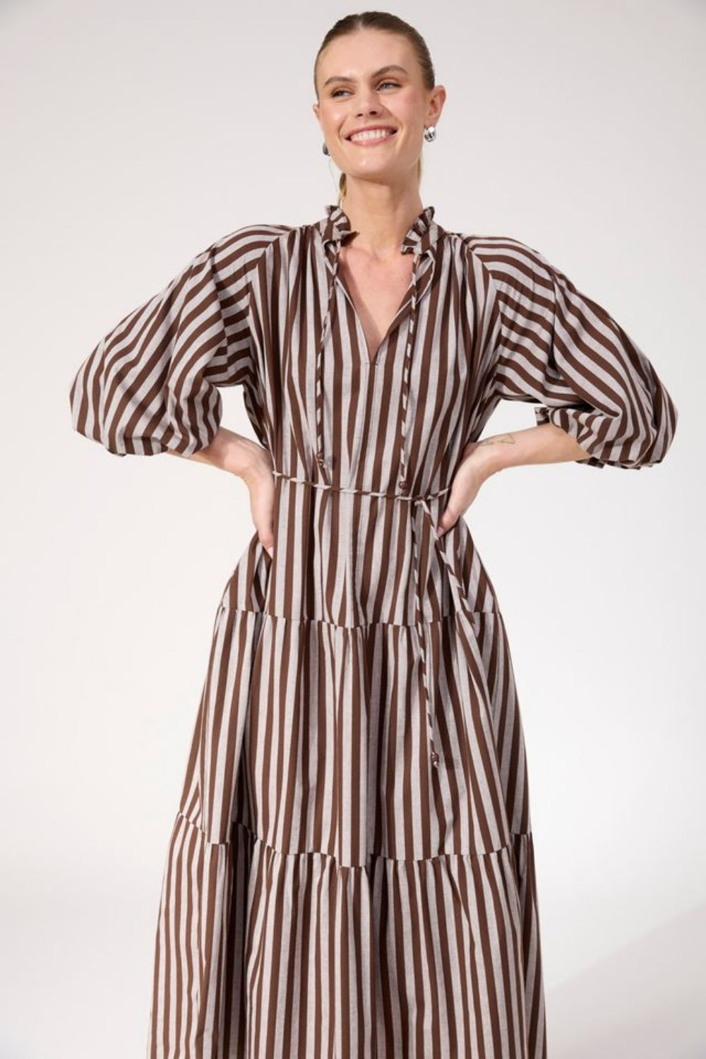 HAVEN MONTEROSA STRIPED MAXI DRESS BROWN