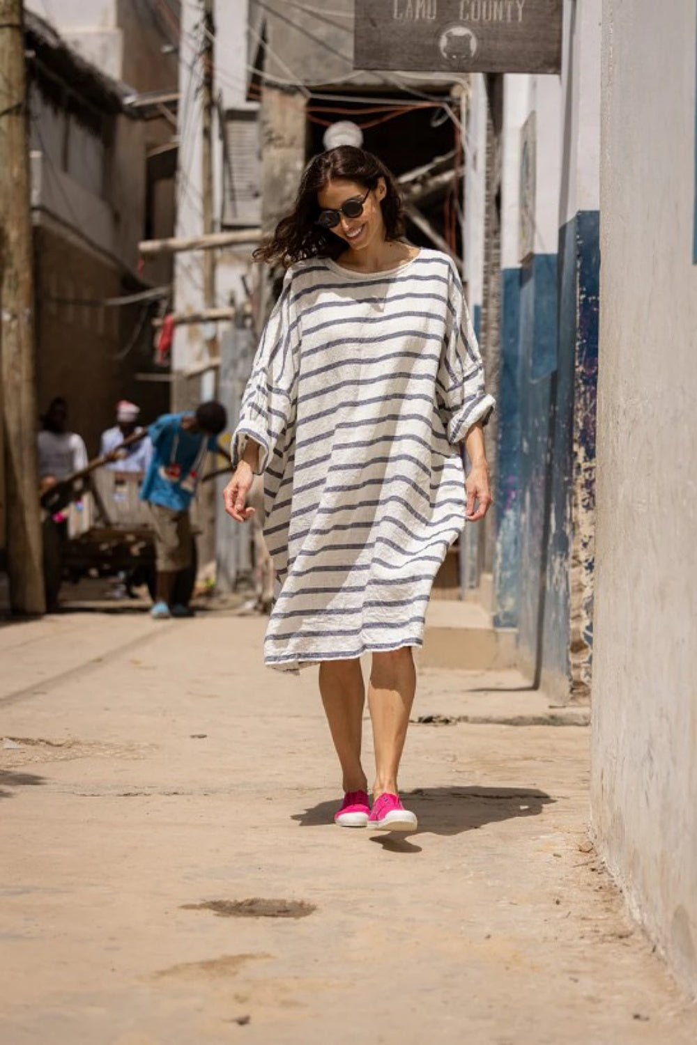 MEG BY DESIGN NEWPORT DRESS LINEN FRENCH STRIPE