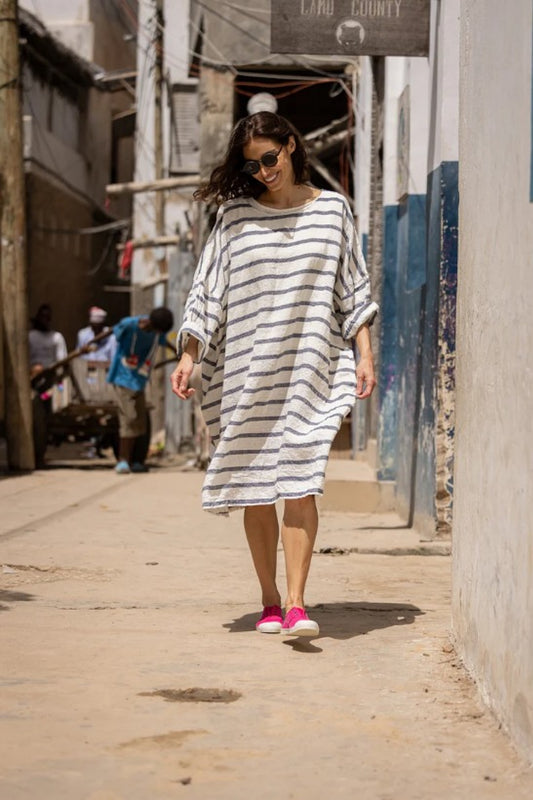 MEG BY DESIGN NEWPORT DRESS LINEN FRENCH STRIPE