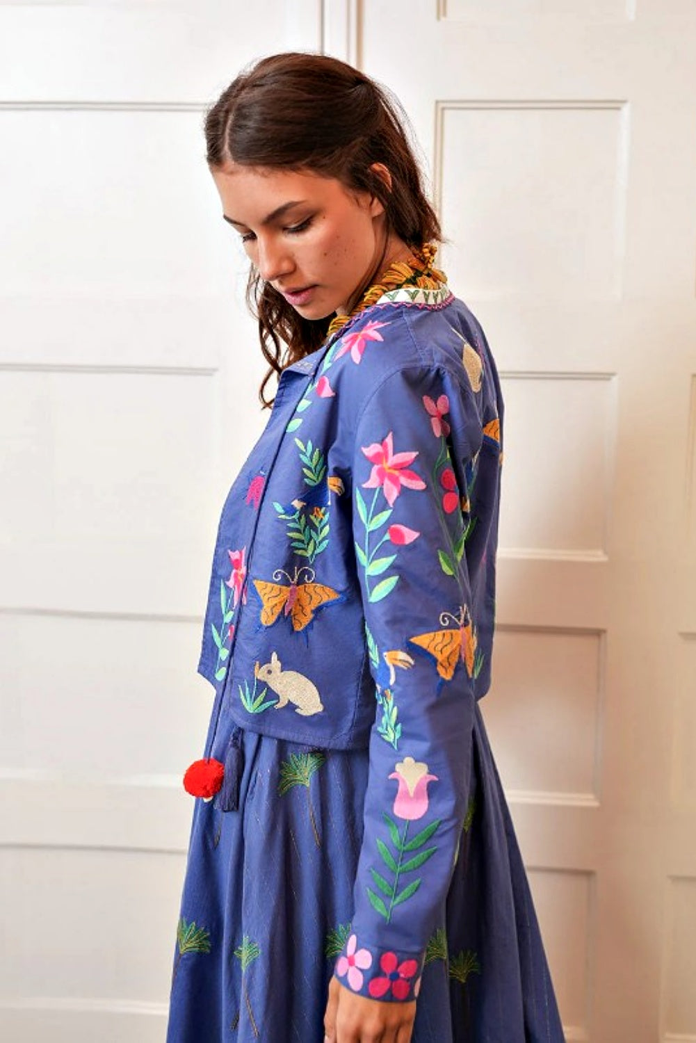 NIMO WITH LOVE PINE JACKET WITH MEXICAN STYLE EMBROIDERY BLUE