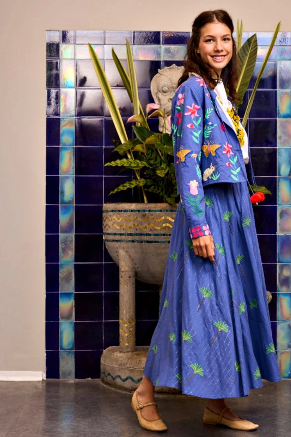 NIMO WITH LOVE PINE JACKET WITH MEXICAN STYLE EMBROIDERY BLUE