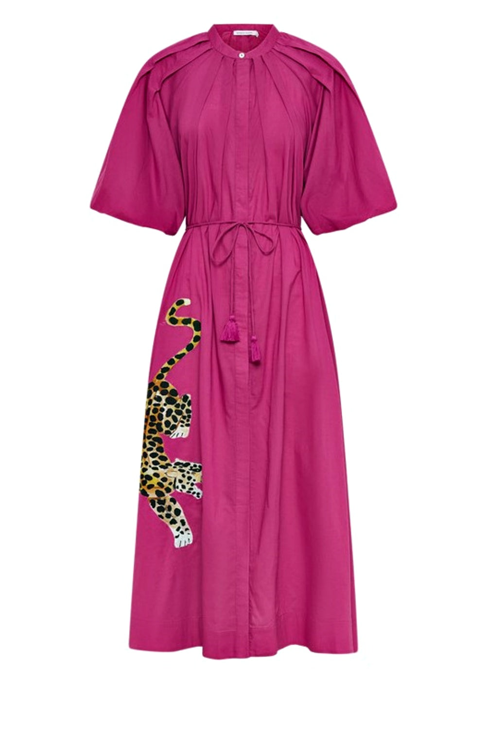 BOHEMIAN TRADERS LEOPARD PLEATED NECK MIDI DRESS FUCHSIA