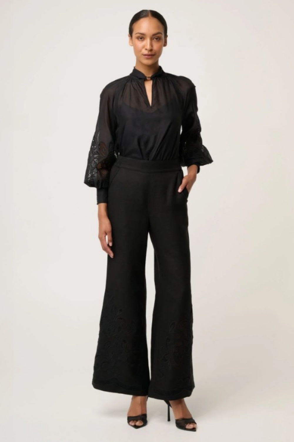 ONCE WAS RHEA LINEN VISCOSE EMBROIDERED PANT