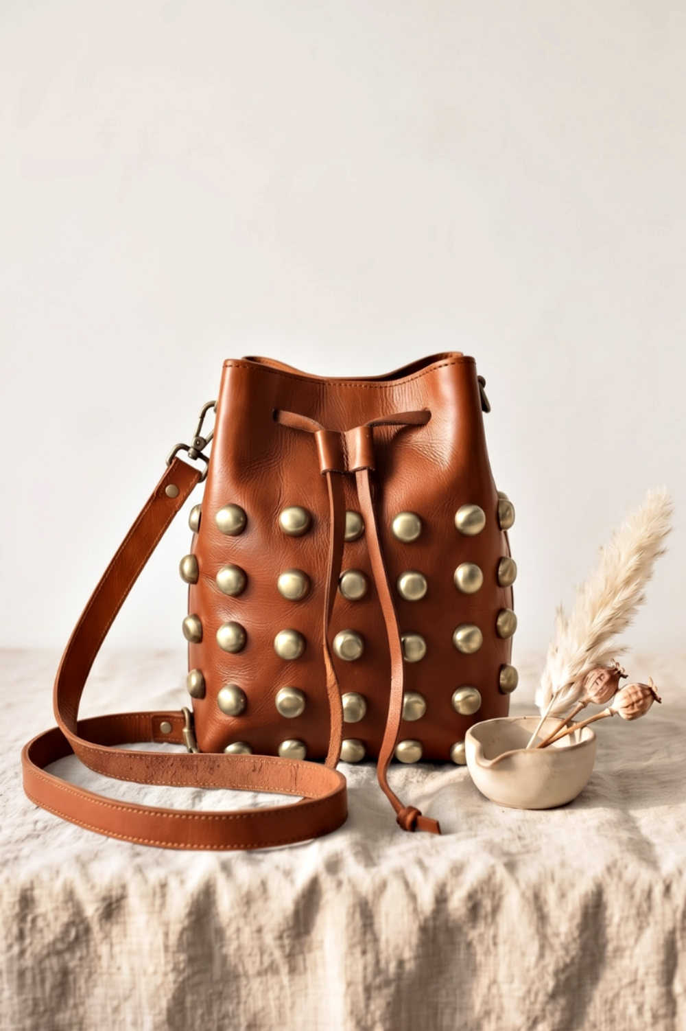 DOBELLE STUDDED LEATHER BUCKET BAG