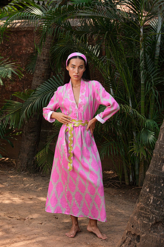 NIMO WITH LOVE SANDALWOOD DRESS IN IKAT PINK LINEN