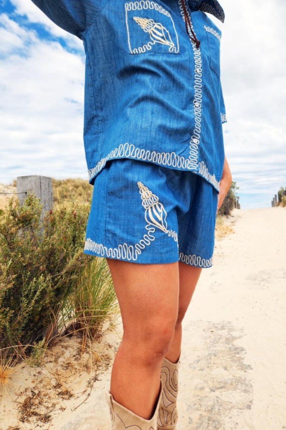 ELIZA PIRO EMBROIDERED DENIM SHELL SHORTS