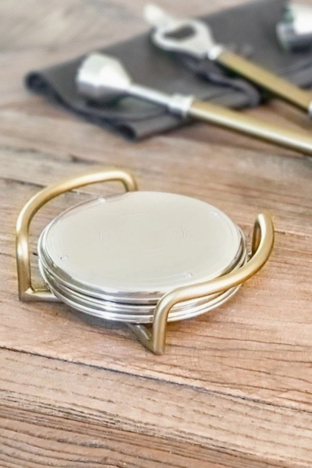 STEEL + ANTIQUE BRASS COASTERS SET OF 4
