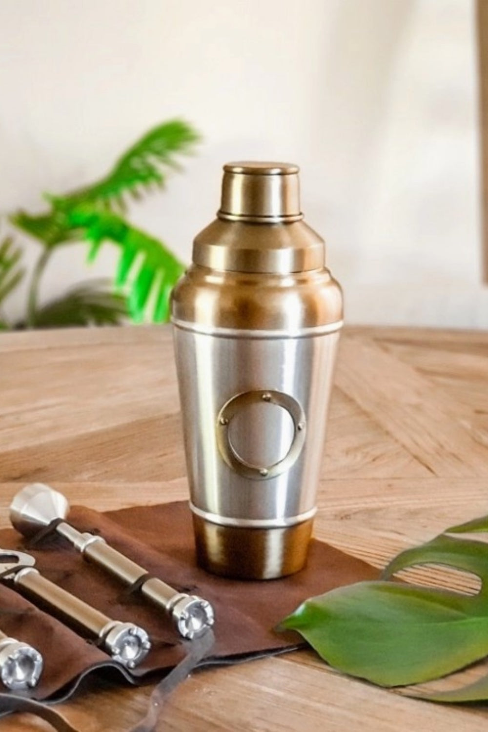 STEEL + ANTIQUE BRASS COCKTAIL SHAKER