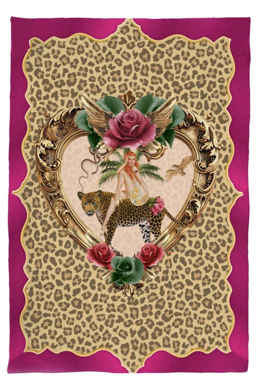 QUEEN K  TIGER ROSE LEOPARD 100% LINEN TEA TOWEL
